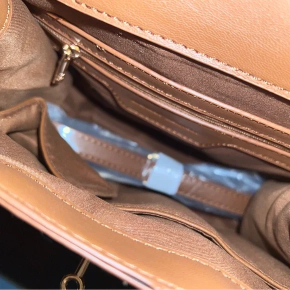 Badgley Mischka Fur Border Satchel Tan Vegan Leather - Picture 4 of 6